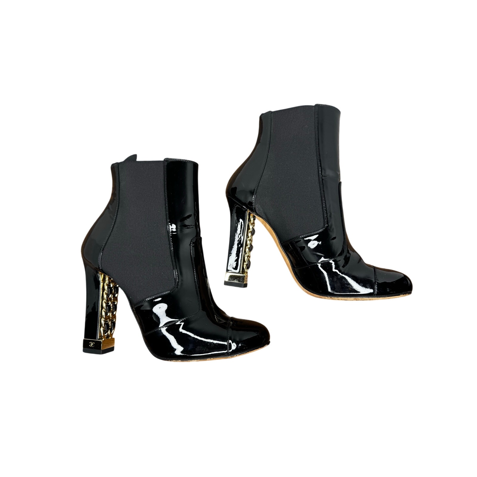 Chanel Black Patent Leather Chain Detail Block Heel Ankle Boots Eu 38 Cc Booties